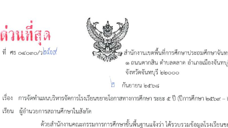 ด่วนที่สุด ที่ ศธ 04030/ว2509 ลงวันที่ 2 กันยายน 2568 การจัดทำแผนบริหารจัดการโรงเรียนขยายโอกาสทางการศึกษา ระยะ 5 ปี (ปีการศึกษา 2569-2573)